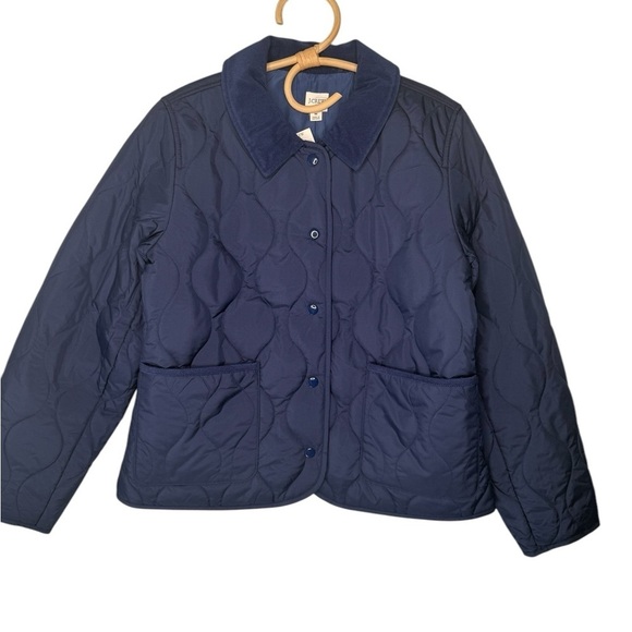 J. Crew** Navy Quilted Barn Jacket Corduroy Collar Pockets Snaps Size Medium NEW - Picture 2 of 16